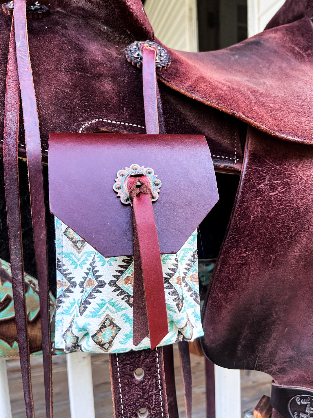 [In Stock] brown and turquoise Aztec   -  Back Cinch Saddle Bag