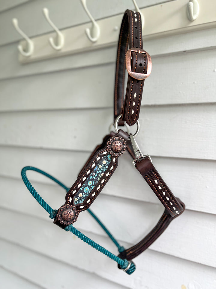 [ Stock] Full Leather Lariat Halter -dainty blue floral - teal lariat w/ rope