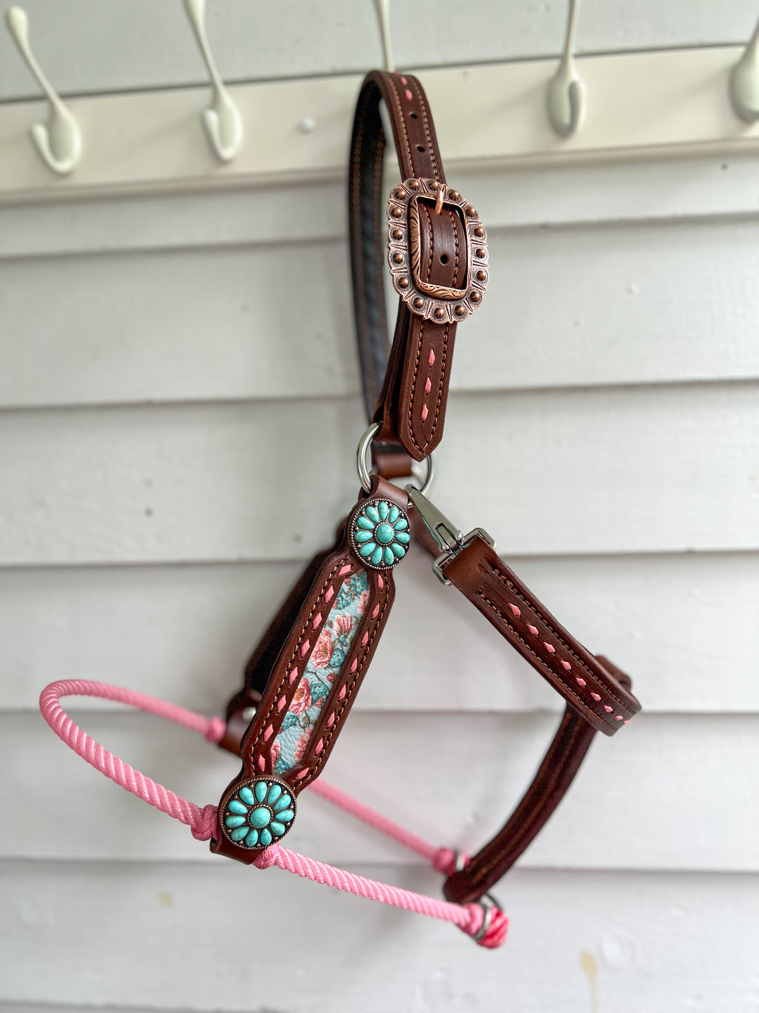 [ Stock] Full Leather Lariat Halter - Prickly Pear - Pink lariat