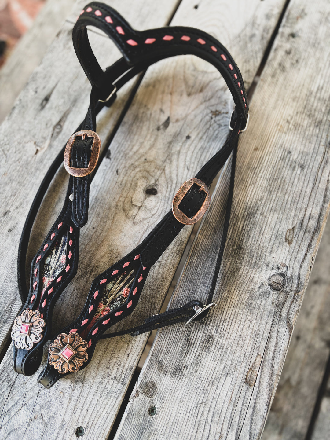 [ In Stock ] Pink Cactus headstall - browband black