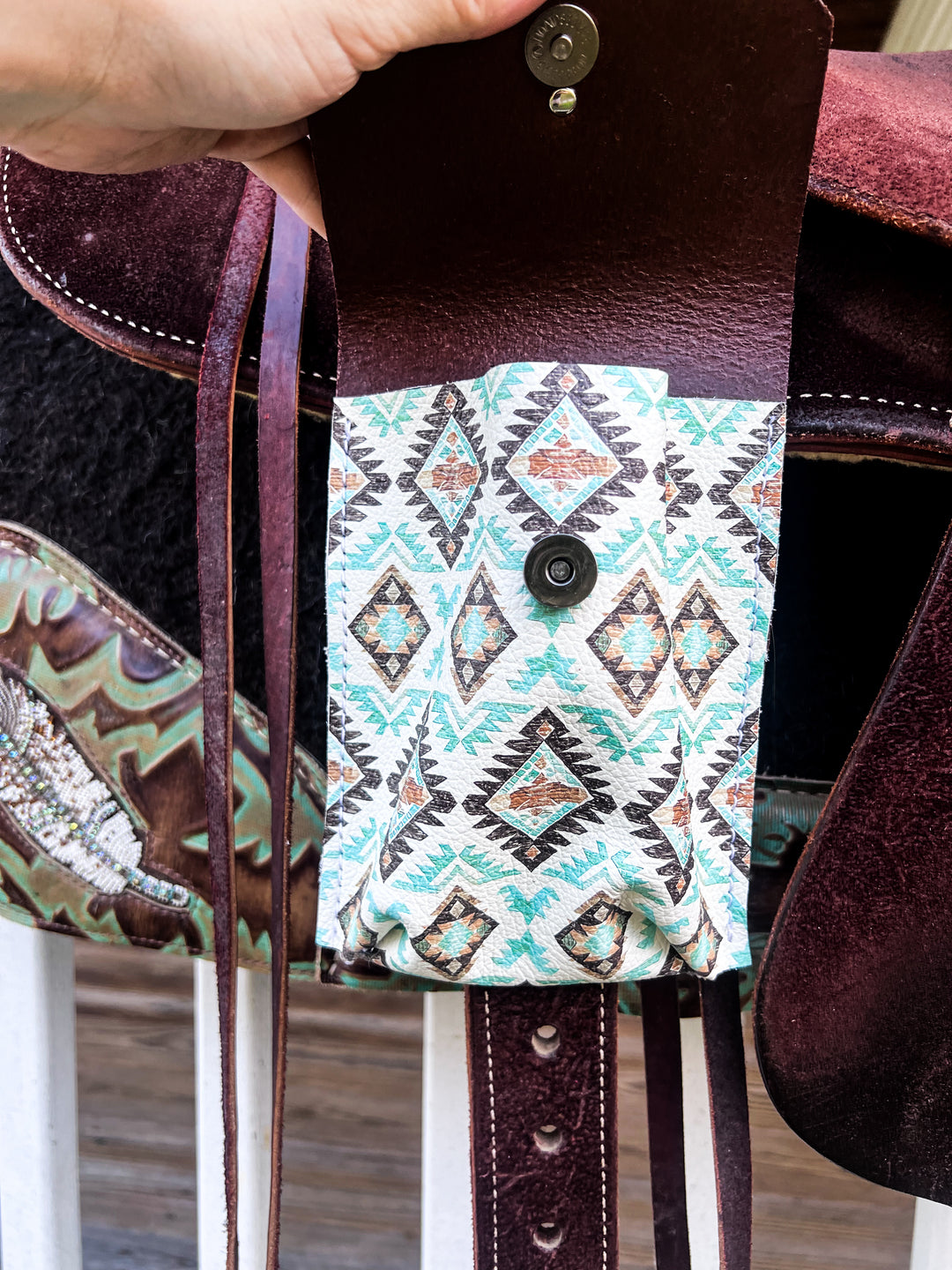 [In Stock] brown and turquoise Aztec   -  Back Cinch Saddle Bag