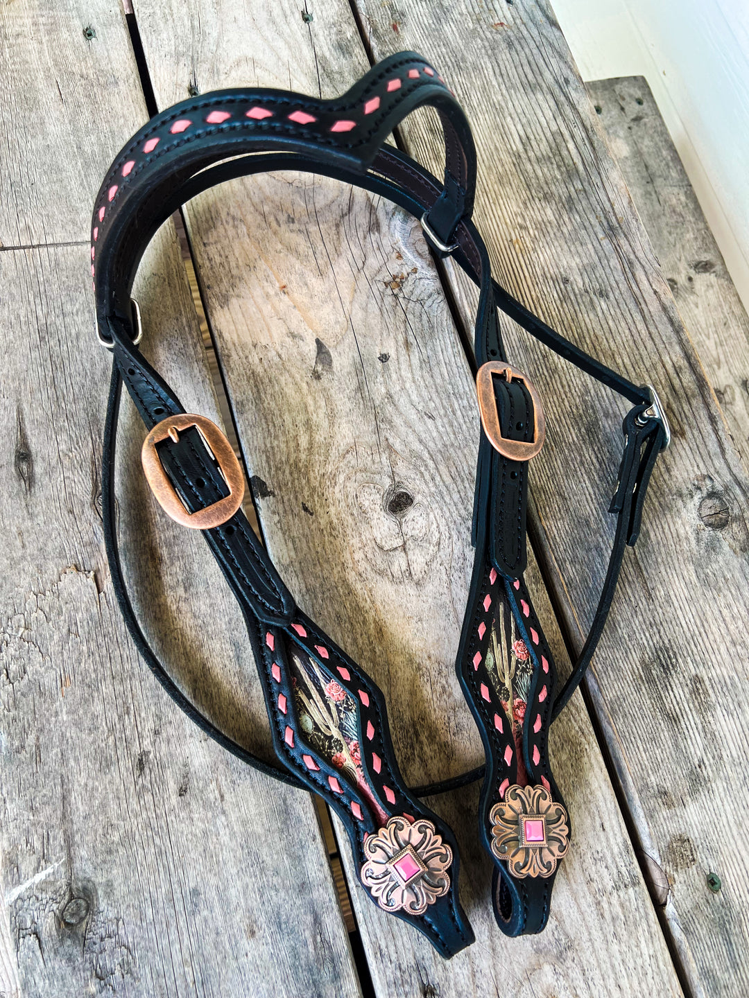 [ In Stock ] Pink Cactus headstall - browband black