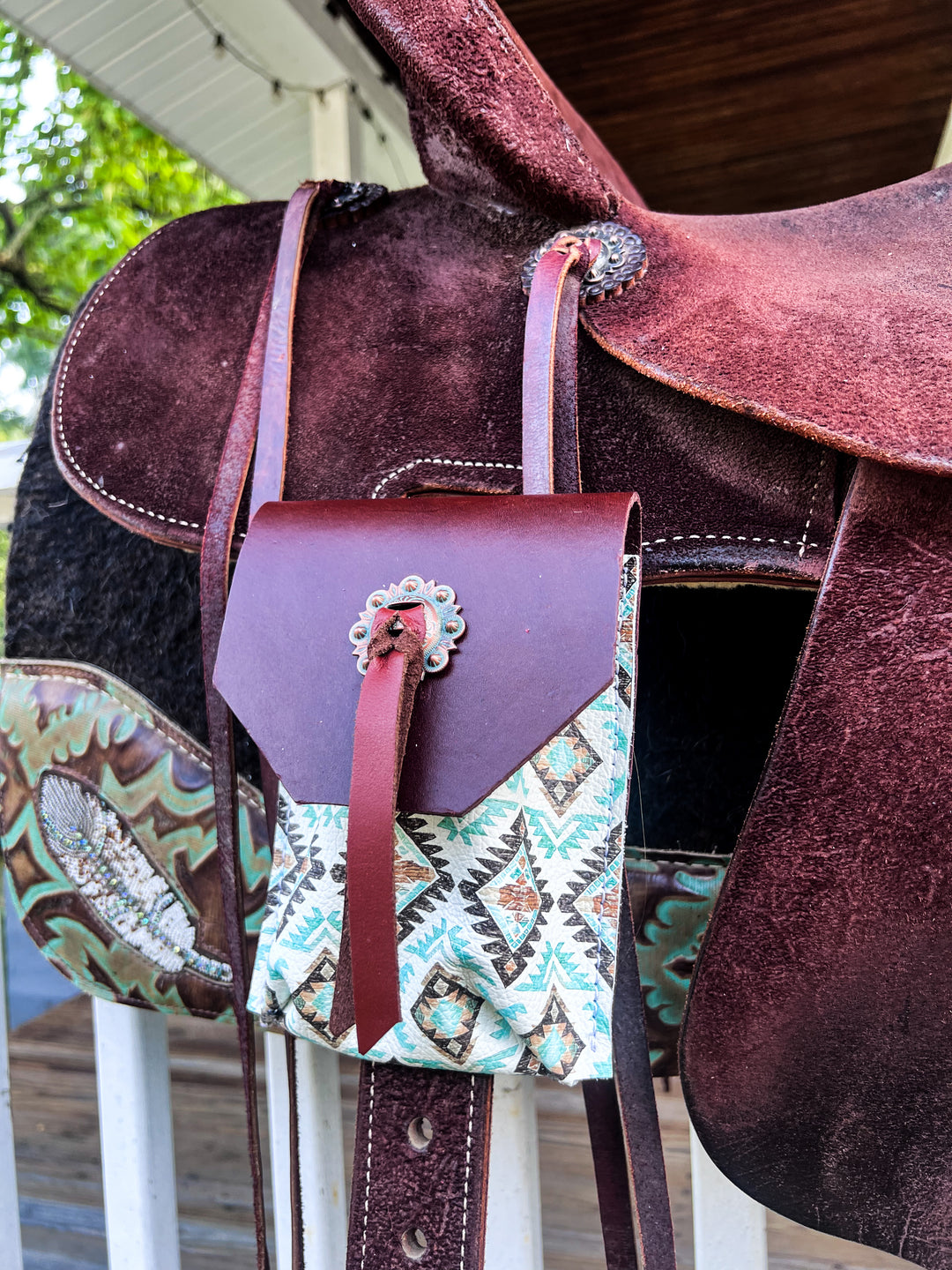 [In Stock] brown and turquoise Aztec   -  Back Cinch Saddle Bag