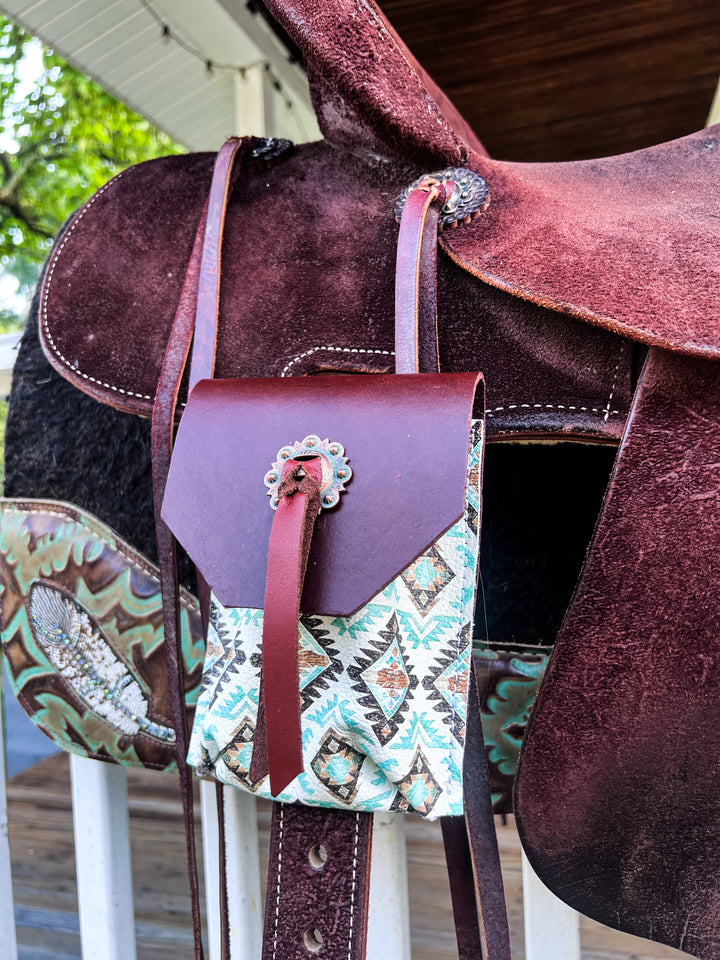 [In Stock] brown and turquoise Aztec   -  Back Cinch Saddle Bag