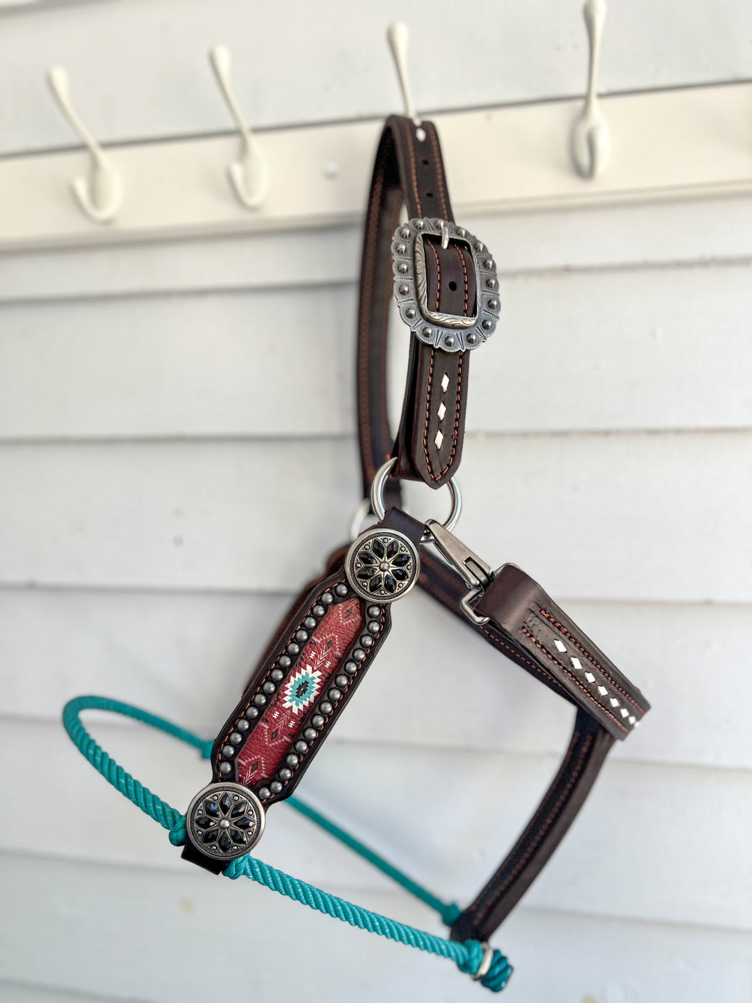 [ Stock] Full Leather Lariat Halter - red turquoise aztec - turquoise lariat