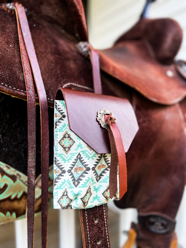 [In Stock] brown and turquoise Aztec   -  Back Cinch Saddle Bag