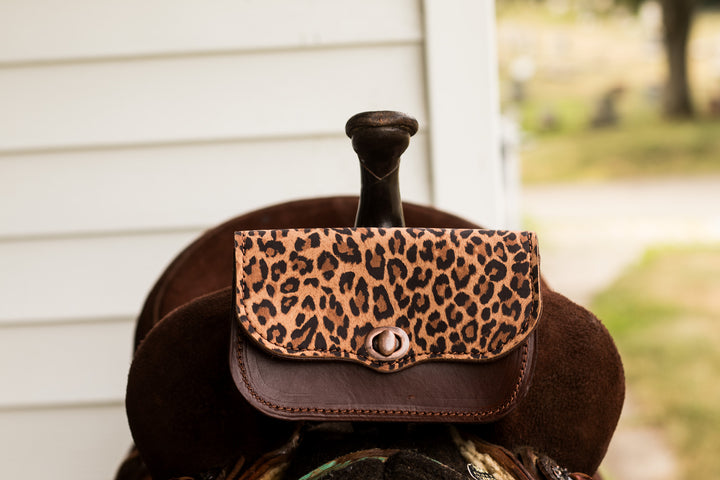 Pommel saddle/belt bag - leopard overlay on hickory