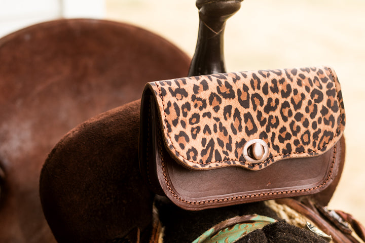 Pommel saddle/belt bag - leopard overlay on hickory