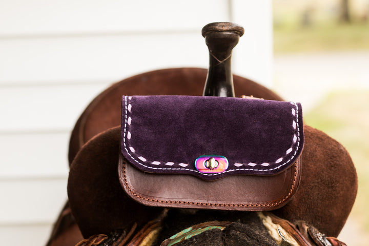 Pommel saddle/belt bag - Deep Purple Suede on hickory