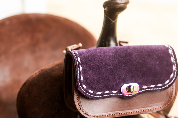 Pommel saddle/belt bag - Deep Purple Suede on hickory