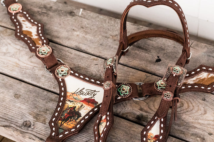 Made To Order- Howdy x Cowhide-  Large Center Plate Tack Set [ inlay design ]