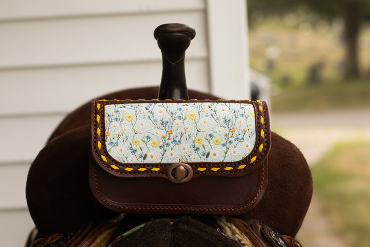 Pommel saddle/belt bag -  Blue and yellow floral on hickory