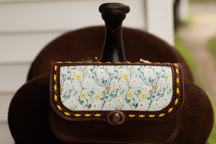 Pommel saddle/belt bag -  Blue and yellow floral on hickory