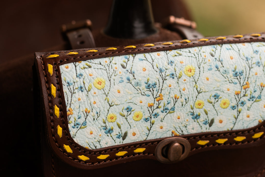 Pommel saddle/belt bag -  Blue and yellow floral on hickory
