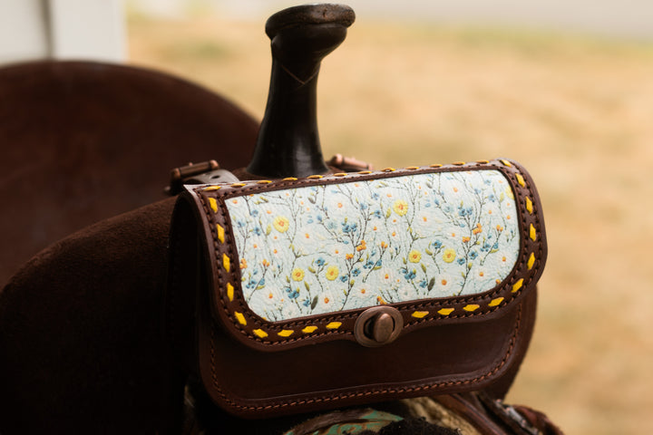 Pommel saddle/belt bag -  Blue and yellow floral on hickory
