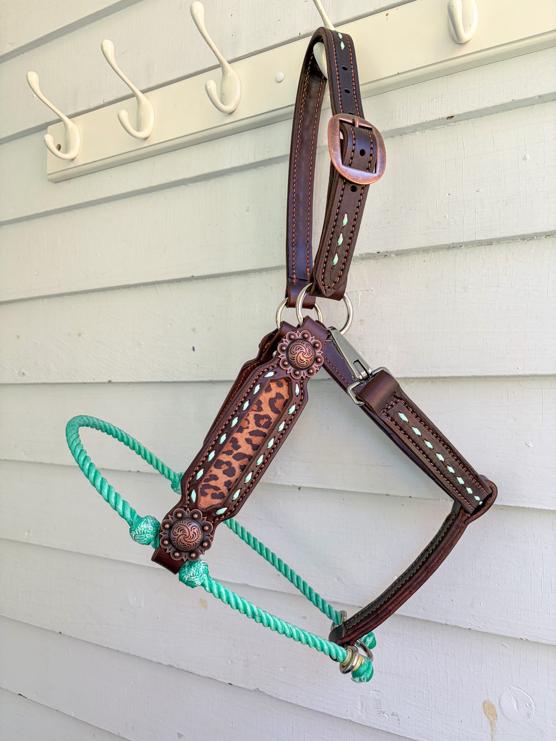 [ Stock] Full Leather Lariat Halter - leopard  - mint lariat