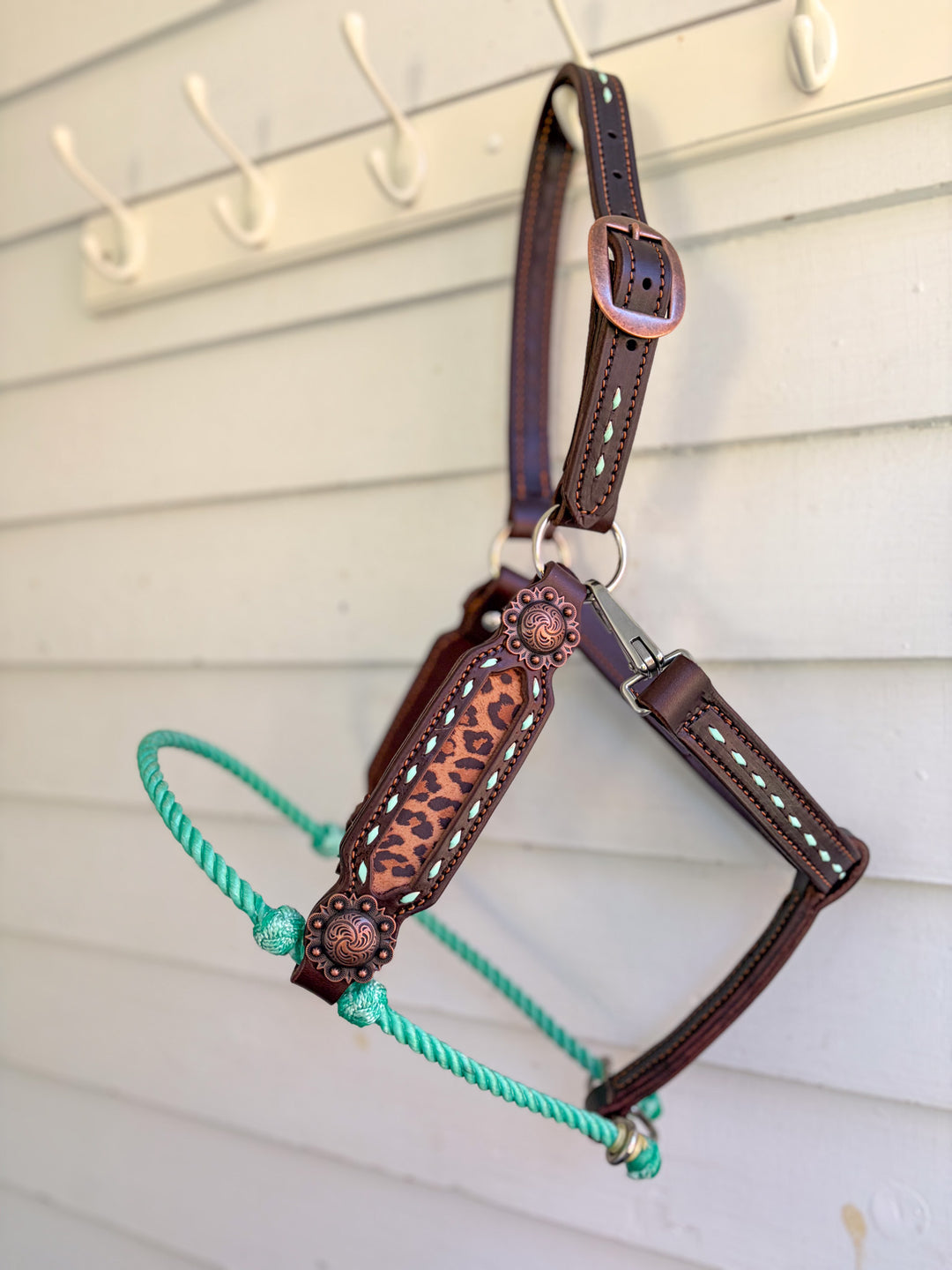 [ Stock] Full Leather Lariat Halter - leopard  - mint lariat