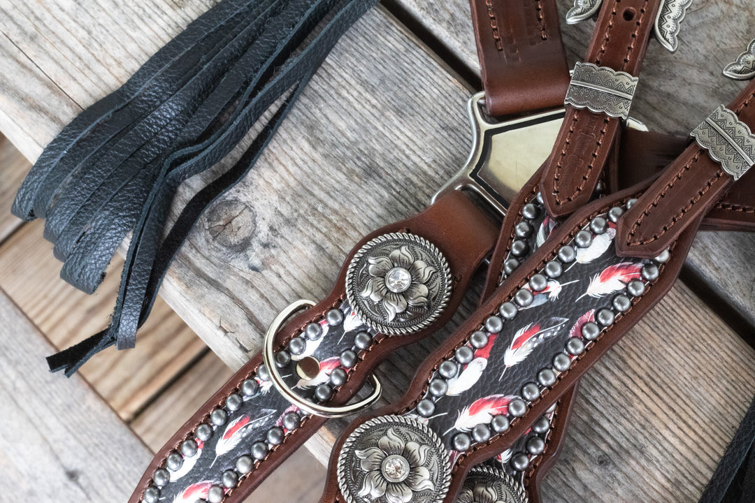 [In Stock] Black and Red Feather-  Tack Set- hickory w/ removable tassels