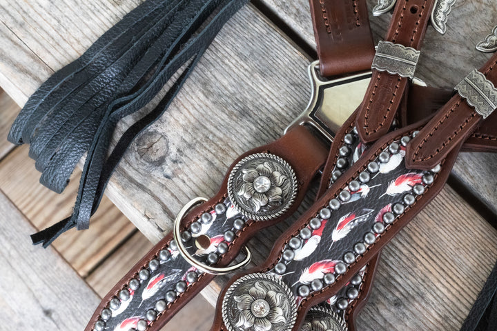 [In Stock] Black and Red Feather-  Tack Set- hickory w/ removable tassels