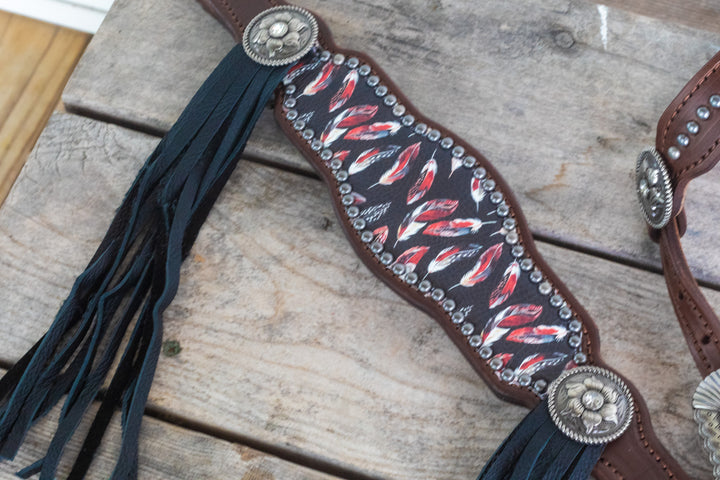 [In Stock] Black and Red Feather-  Tack Set- hickory w/ removable tassels