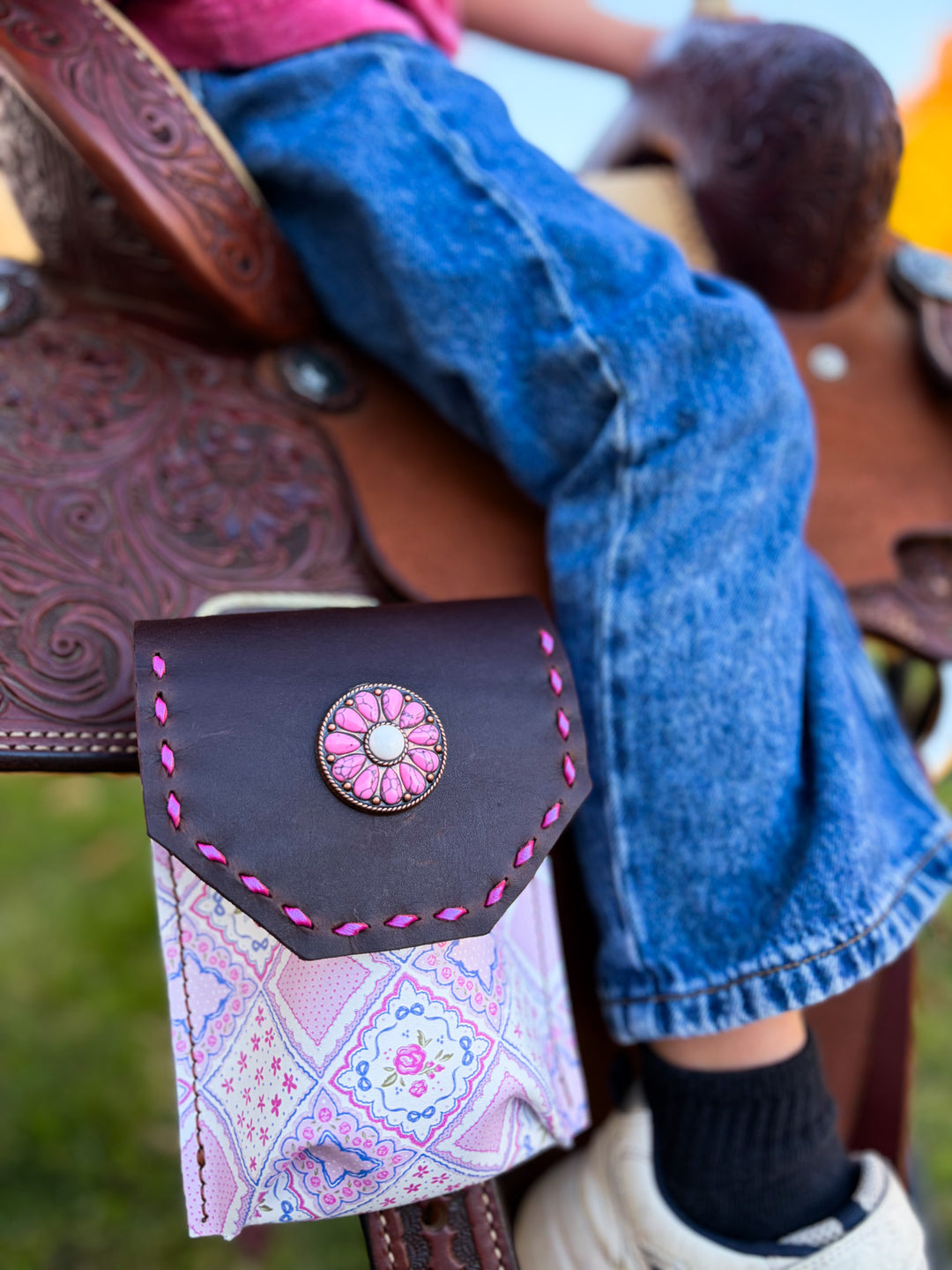 [In Stock] Purple and pink patchwork  -  Back Cinch Saddle Bag