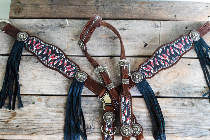 [In Stock] Black and Red Feather-  Tack Set- hickory w/ removable tassels