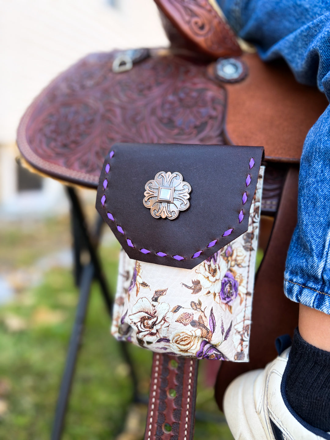 [In Stock] Purple and brown floral -  Back Cinch Saddle Bag