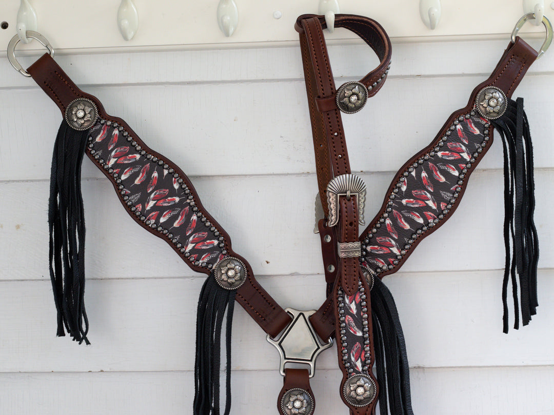 [In Stock] Black and Red Feather-  Tack Set- hickory w/ removable tassels