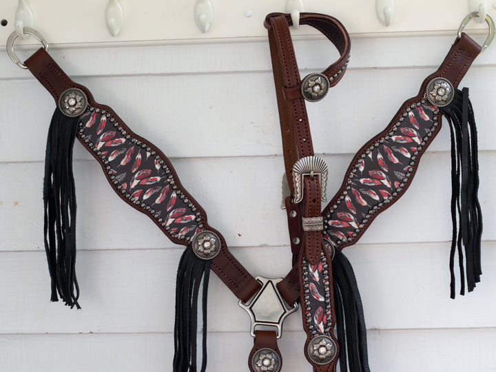 [In Stock] Black and Red Feather-  Tack Set- hickory w/ removable tassels