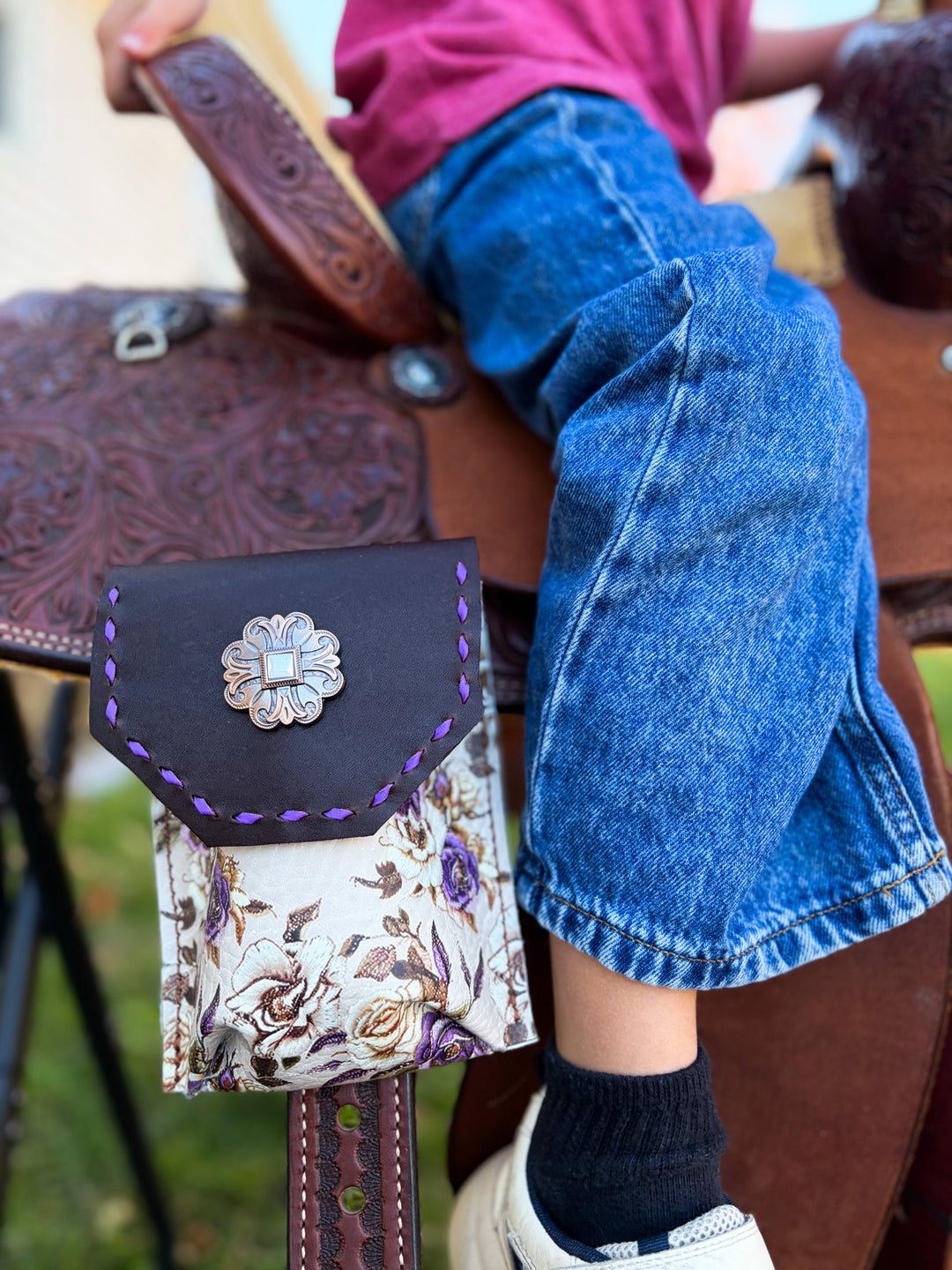 [In Stock] Purple and brown floral -  Back Cinch Saddle Bag