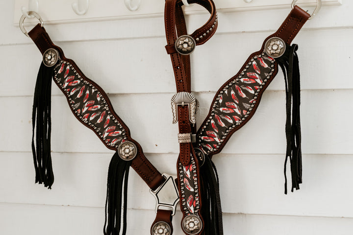 [In Stock] Black and Red Feather-  Tack Set- hickory w/ removable tassels