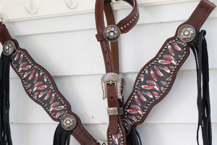 [In Stock] Black and Red Feather-  Tack Set- hickory w/ removable tassels