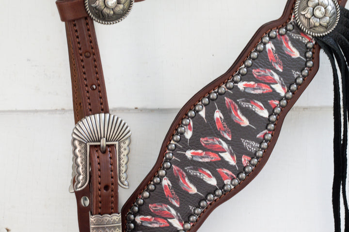 [In Stock] Black and Red Feather-  Tack Set- hickory w/ removable tassels