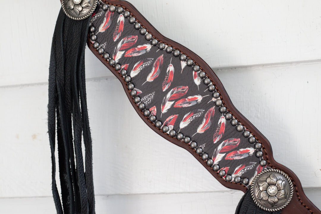 [In Stock] Black and Red Feather-  Tack Set- hickory w/ removable tassels