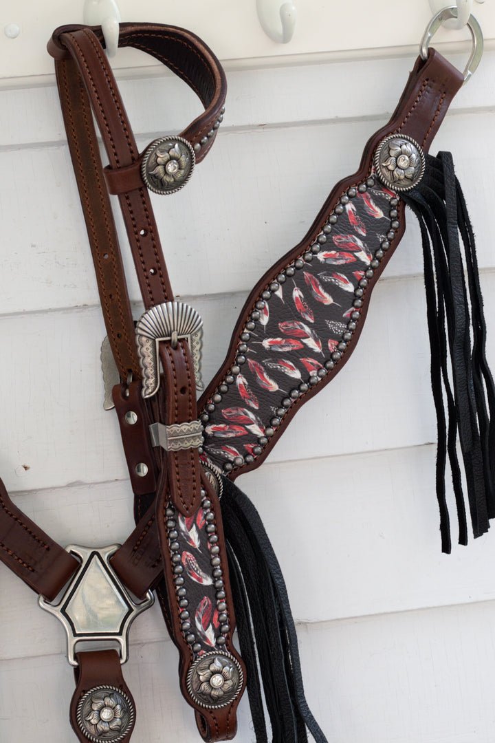 [In Stock] Black and Red Feather-  Tack Set- hickory w/ removable tassels