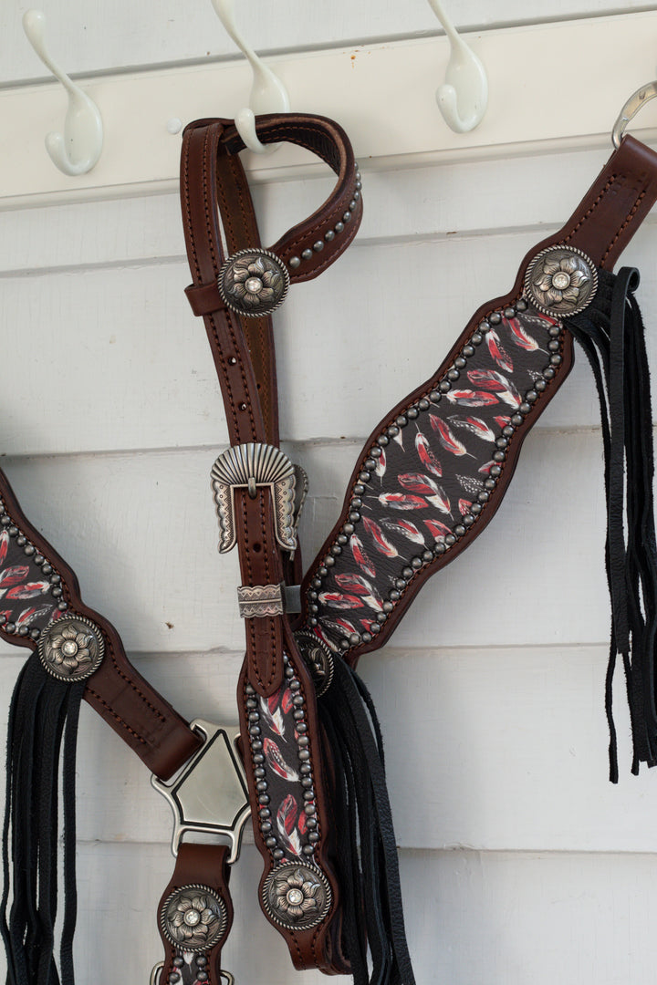 [In Stock] Black and Red Feather-  Tack Set- hickory w/ removable tassels