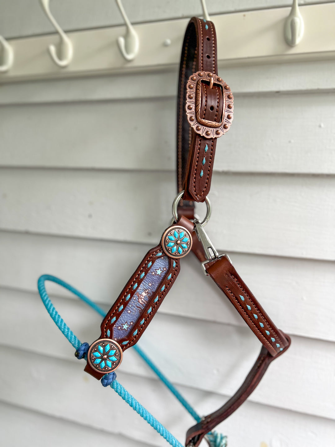 [ Stock] Full Leather Lariat Halter - Cosmic Cowgirl - light blue lariat