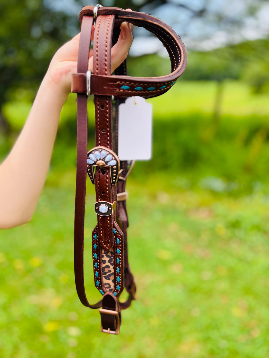 [ In Stock ] Leopard w/ turq buckstich- double ear - Quick Change Headstall