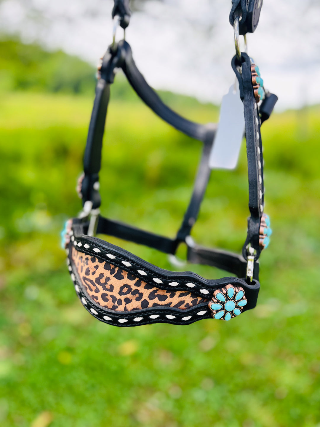 [ Stock] Full Leather Halter - Leopard  on black