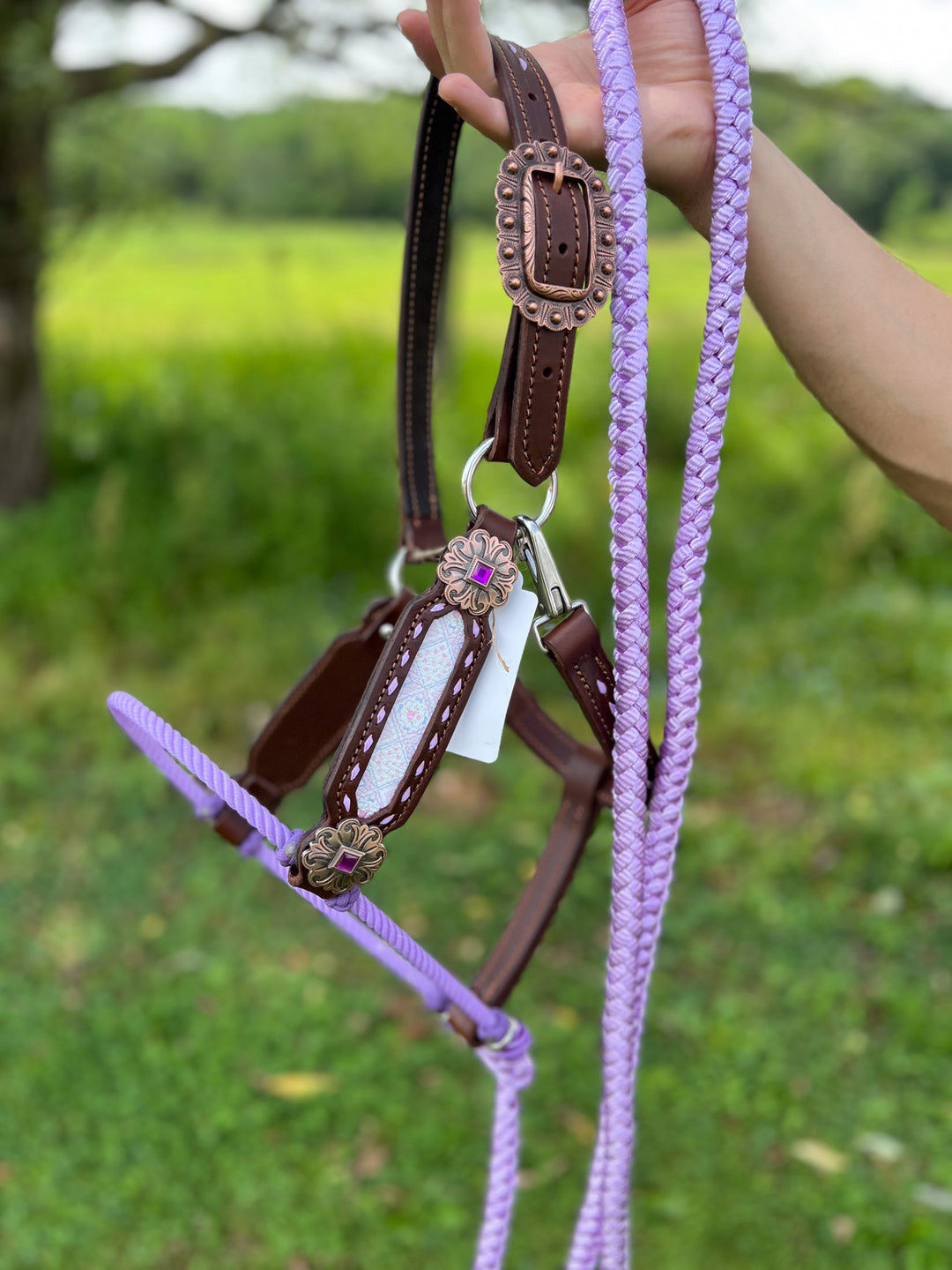 [ Stock] Full Leather Lariat Halter -Purple and Pink Quilt - light purple lariat w/ rope