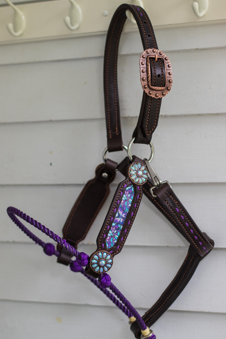 [ Stock] Full Leather Lariat Halter - Purple Butterfly  - purple lariat