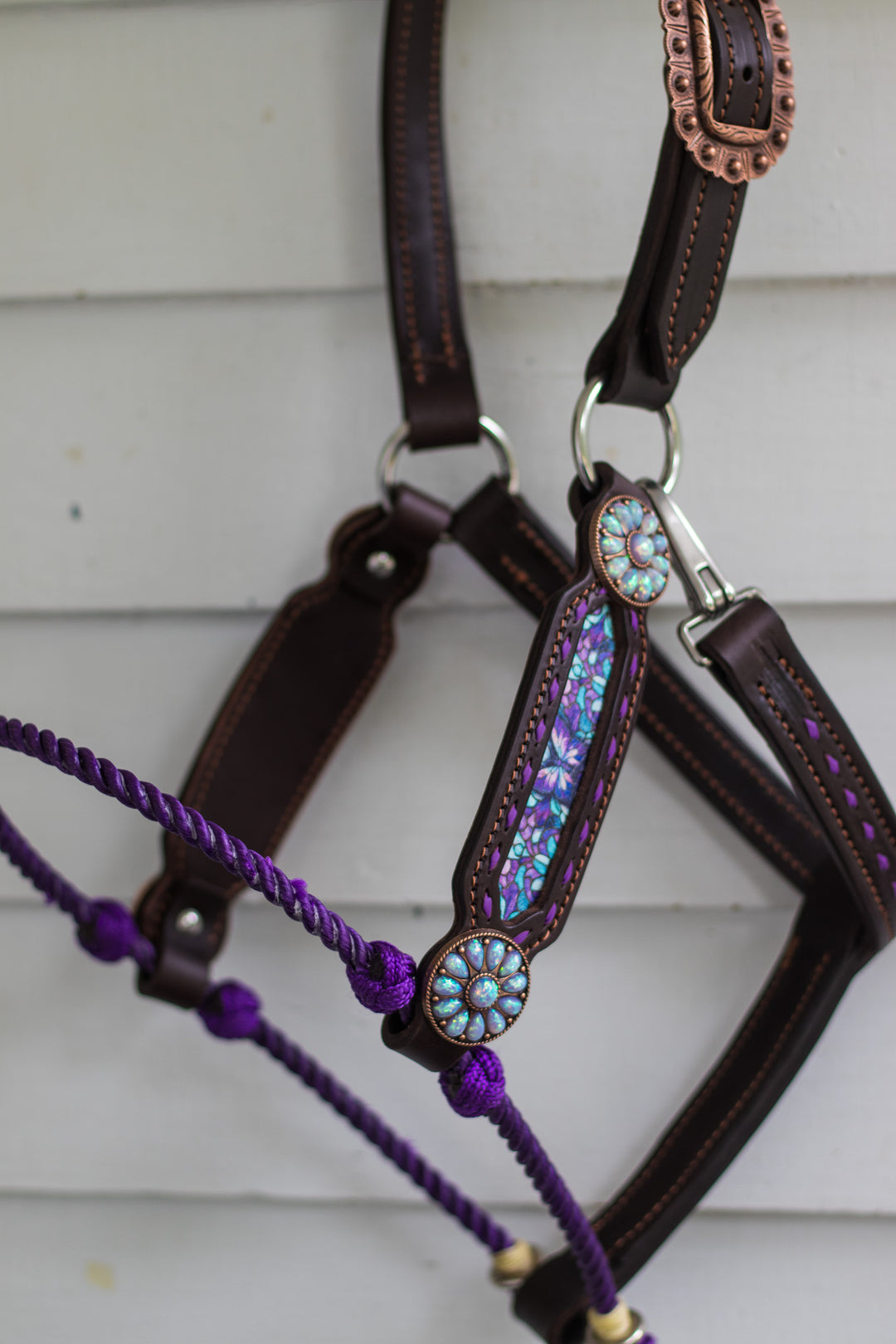 [ Stock] Full Leather Lariat Halter - Purple Butterfly  - purple lariat