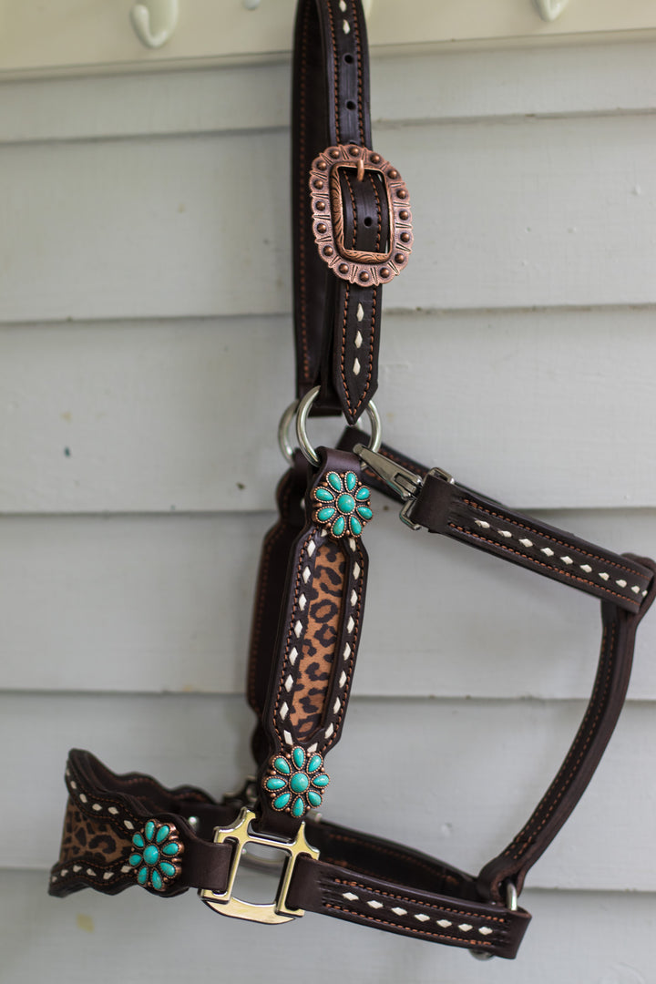 [ Stock] Full Leather Halter - Leopard  on chocolate
