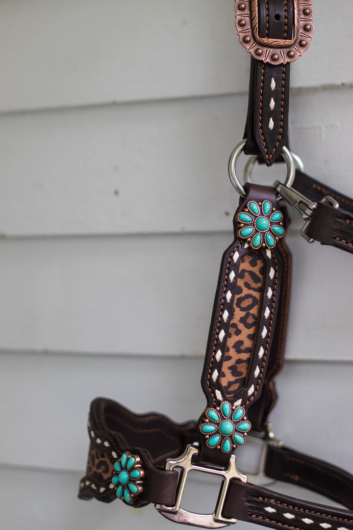 [ Stock] Full Leather Halter - Leopard  on chocolate