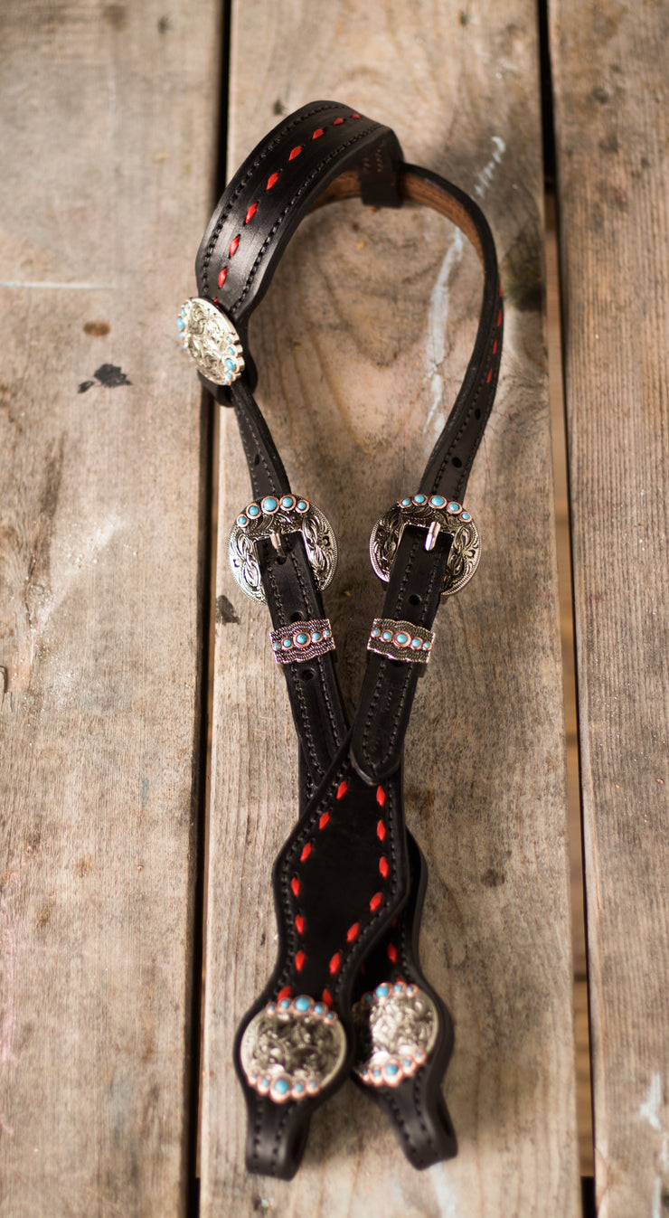 Black smooth one ear Headstall- red