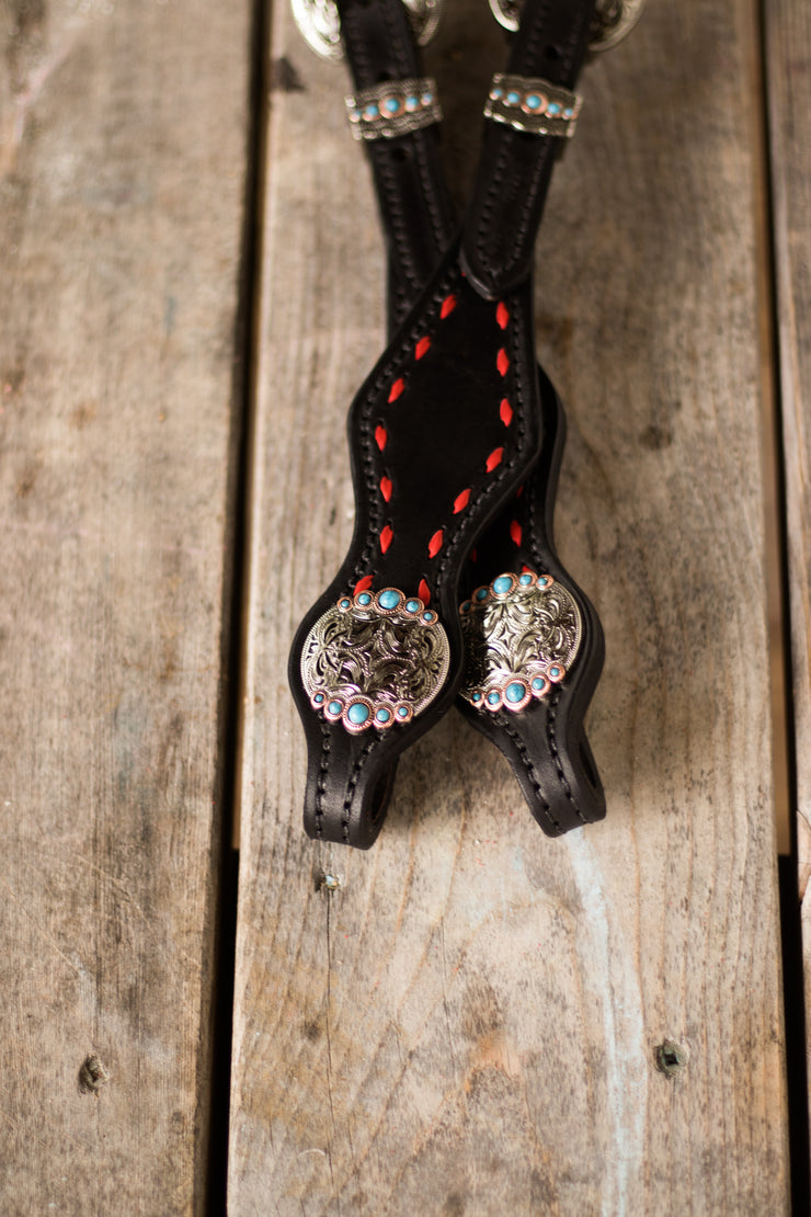 Black smooth one ear Headstall- red