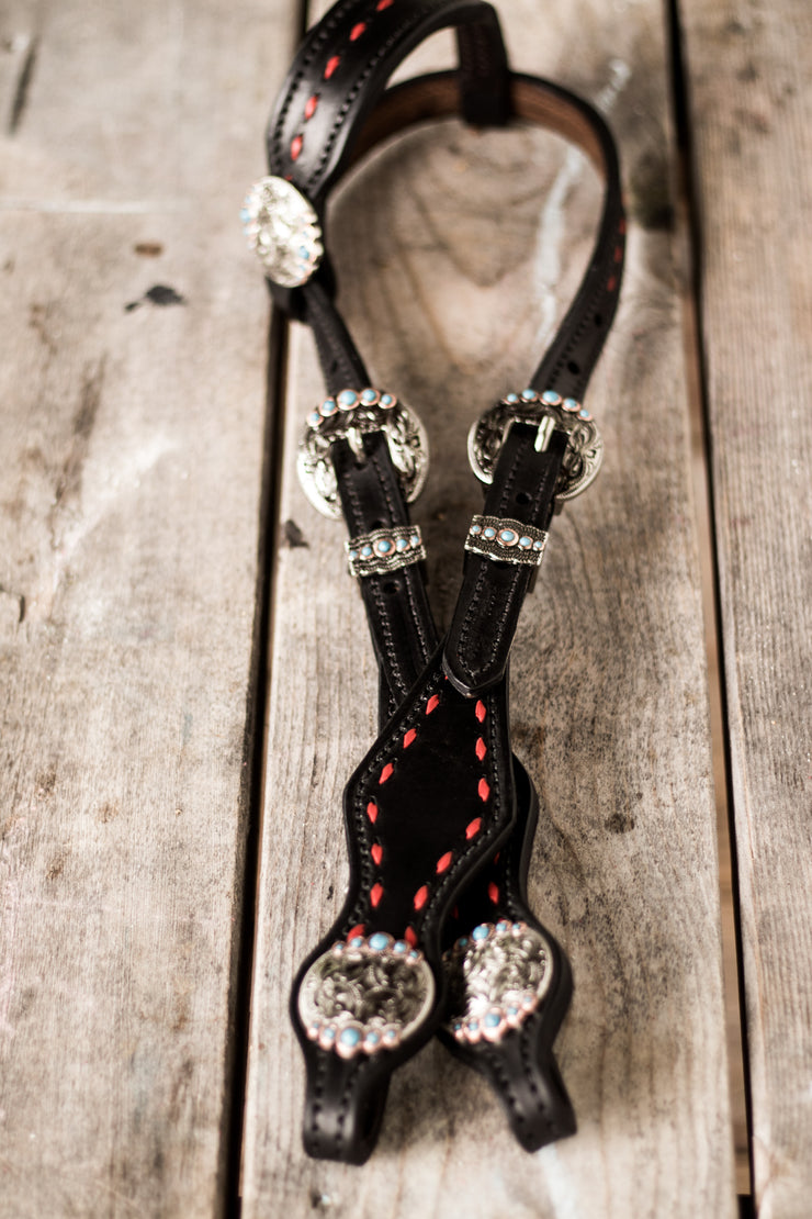 Black smooth one ear Headstall- red